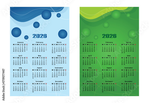 2026 calendar template vector design with blue and green abstract backgrounds