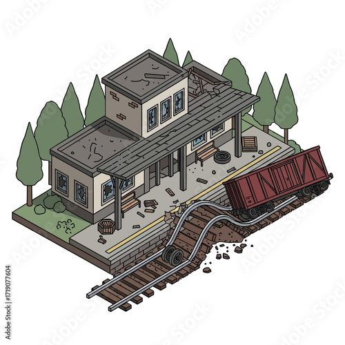 Abandoned vintage train station scene with weathered platform, tracks, and distant trees, evoking nostalgia and history.
