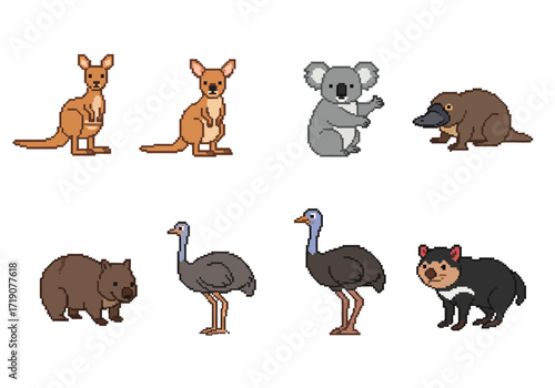8bit Australian animal set kangaroos koala platypus wombat emus  tasmanian devil on white