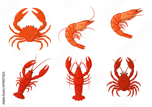A cartoon depicts six redorange sea creatures crabs crawfish and shrimp arranged on a white background