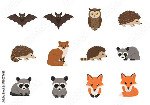 A collection of cartoon forest animals including bats owls foxes raccoons and hedgehogs