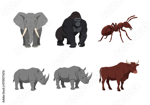 A collection of animals including an elephant gorilla rhinoceros ant and bull are displayed