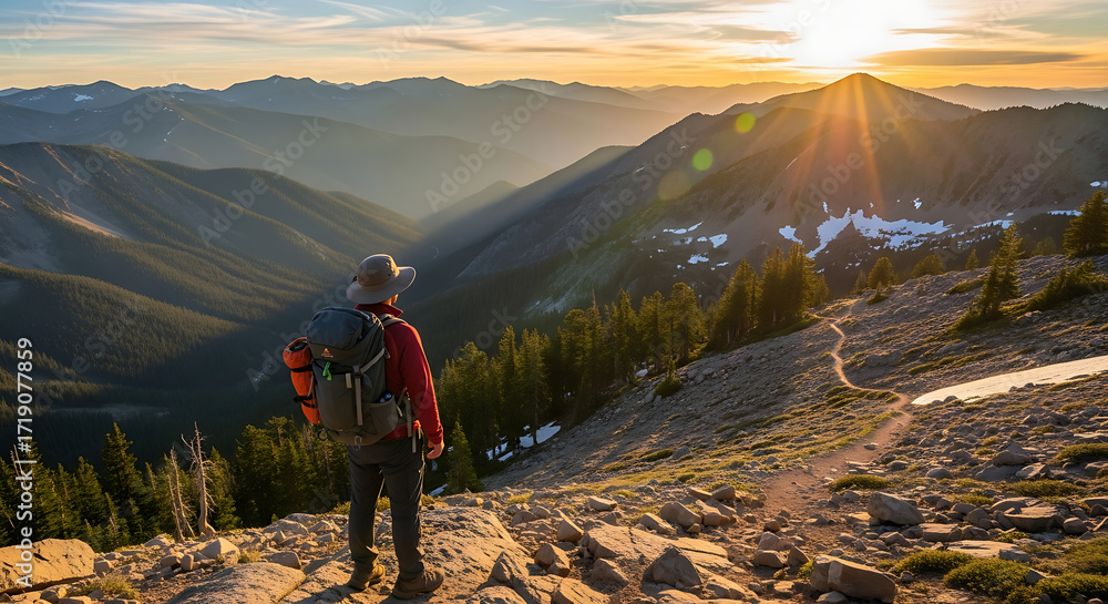 Fototapeta premium Adventurous hiker pauses on mountain summit to admire breathtaking sunset over vast landscape.