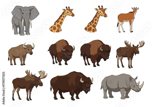 An array of pixelated animals elephant giraffe antilope buffalo moose and rhinoceros isolated on a white background