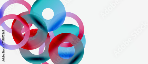Abstract circles overlap, creating vibrant color blends. Composition focuses on blue, red, turquoise hues against white backdrop.