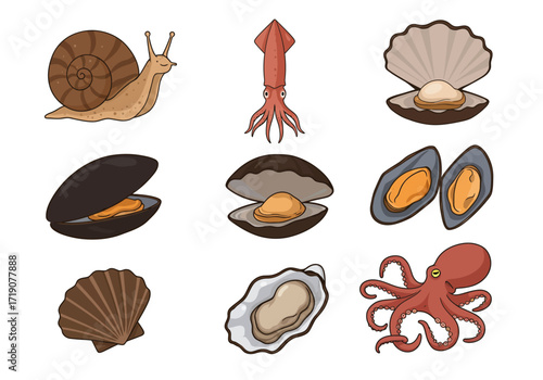 Array of illustrated seafood including snail squid octopus oyster clam scallop and mussels