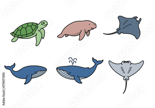 Array of six cartoon ocean animals turtle dugong two whales and two stingrays on a white background