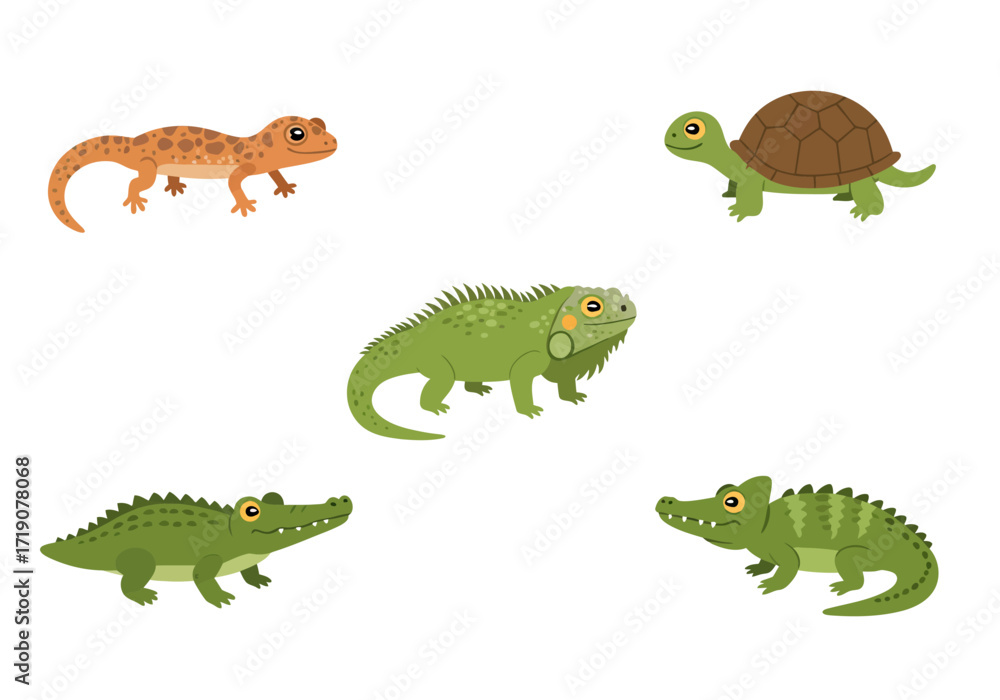 Fototapeta premium Cartoon reptiles gecko turtle iguana crocodiles on white