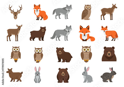 Cartoon animals fill a white background deer fox wolf owl bear rabbit