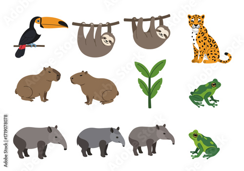 Cartoonish wildlife toucan sloths jaguar frogs capybaras tapirs and tropical flora on a white background