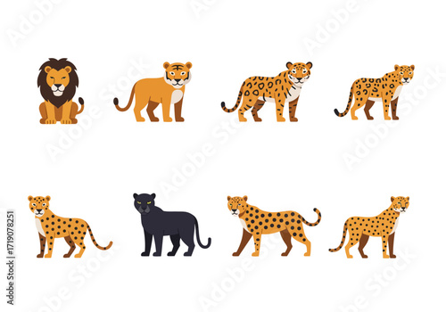 Eight cartoon felines in a 2x4 grid lion tiger jaguar leopard panther with spots and stripes