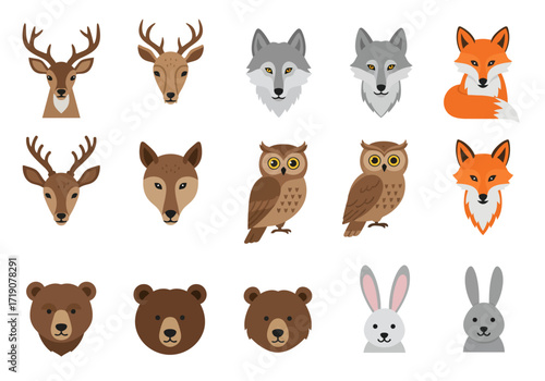 Flat cartoonstyle animal illustrations including deer wolves foxes owls bears and rabbits arranged in a grid on a white background