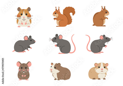Nine cartoon rodents arranged in a grid including mice hamsters and squirrels