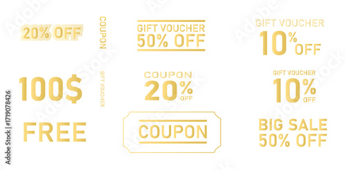 Gold discount coupon voucher sale labels vector isolated on transparent background