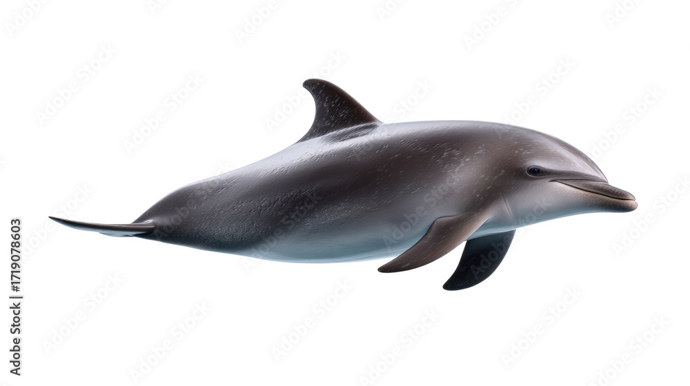 Naklejka premium Graceful Dolphin: A sleek dolphin gracefully glides through the pristine waters, captured in a striking, high-definition shot, evoking a sense of wonder and freedom.