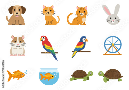 Pets include cats dogs fish turtles parrots rabbits and hamsters with accessories