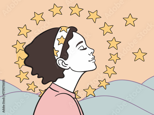 Delulu dreamer with stars around head, modern flat illustration style