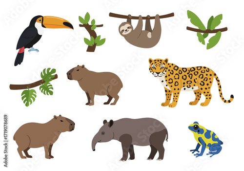 Rainforest animal illustration toucan sloth jaguar capybaras tapir frog amid tropical foliage