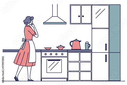Tradwife aesthetic with vintage dress in kitchen, modern flat illustration style