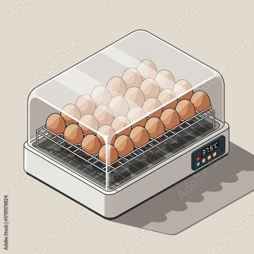 Modern automatic egg incubator with clear lid holding dozens of fresh eggs at precise 37.5°C for hatching success