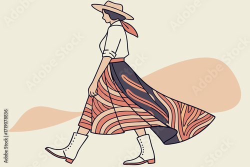 Western-boho chic outfit with cowboy boots and flowing skirt, modern flat illustration style