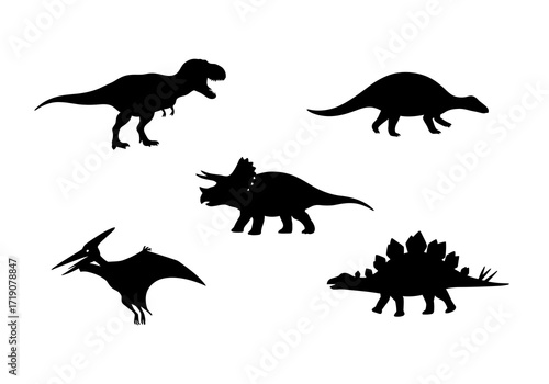 Silhouettes of five different dinosaurs each exhibiting distinct physical traits