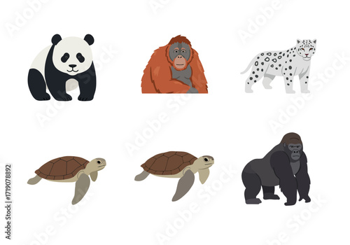 Six animal illustrations panda orangutan snow leopard two turtles and a gorilla