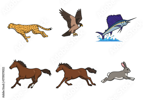 Six animalscheetah eagle marlin two horses and rabbitare shown leapingflying on a white background