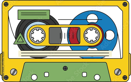 Vector art of retro yellow cassette tape with blue and green details