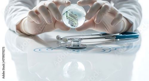 A person wearing white medical gloves holds a small glass globe with green lines, while a stethoscope rests on a reflective white surface with a blue abstract pattern.