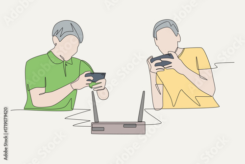 Colored friends playing mobile games are connected on the same network. Friends’ lan concept one-line drawing