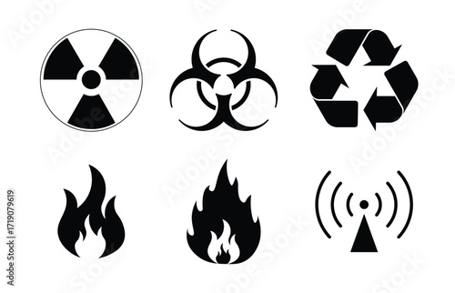 Set of hazard safety recycle and signal vector icons isolated on transparent background