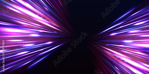 Perspective view of a dark road with radiant magenta and blue light waves. Wavy neon lines create a rhythm of movement and depth. The surreal glow intensifies the speed.