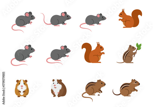 Twelve cartoonlike images of rodents mice squirrels chipmunks and guinea pigs on a white background