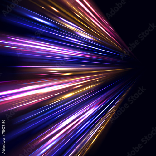 Night drive concept with glossy road and light streams fading into the horizon. Shiny lines in crimson and indigo leave a glowing trace. The landscape vibrates with speed.