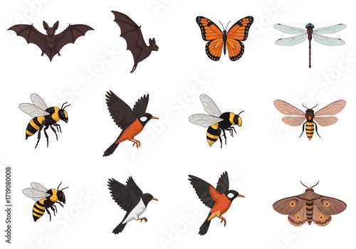 Twelve distinct animals in assorted flying poses are arranged against a white background