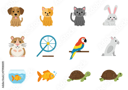Twelve pet icons show various animals  a hamster wheel on a white background