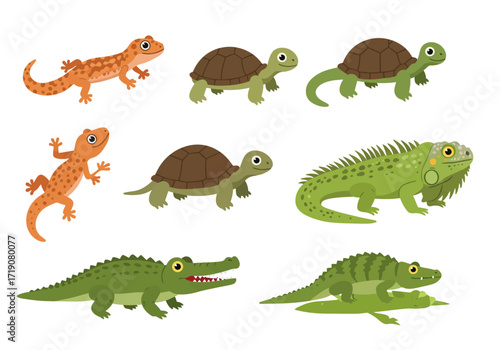 Variety of reptiles including lizards turtles an iguana and crocodiles in a vector illustration