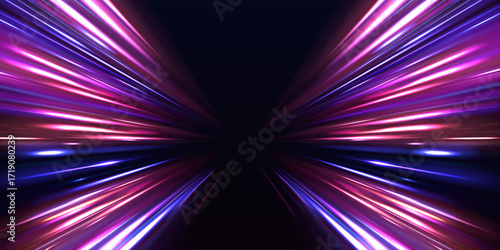 Abstract swirl of blue and purple neon light trails across a dark tunnel. Motion blur and glowing particles enhance the sensation of high velocity. The scene radiates futuristic speed.