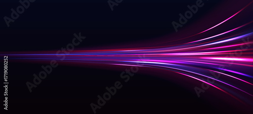 Long-exposure illustration of light trails weaving like ribbons through a digital tunnel. Fluorescent pink and teal colors dominate the scene. Depth and motion feel infinite.