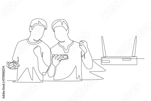 Friends playing mobile games are connected on the same network. Friends’ lan concept one-line drawing