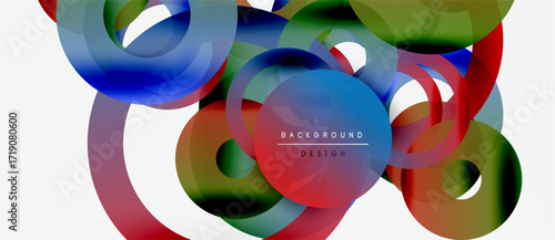 Abstract colorful circles overlap. Dynamic composition creates modern visual effect. Bright hues blend, forming fluid shapes.