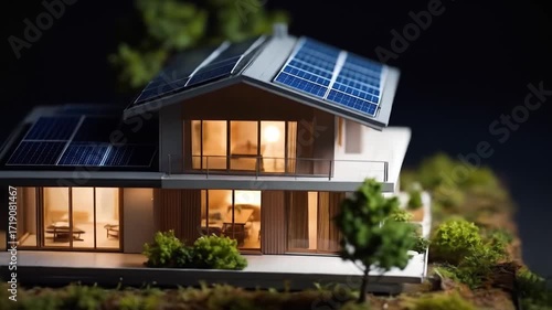 Model house with solar panels on the roof.
