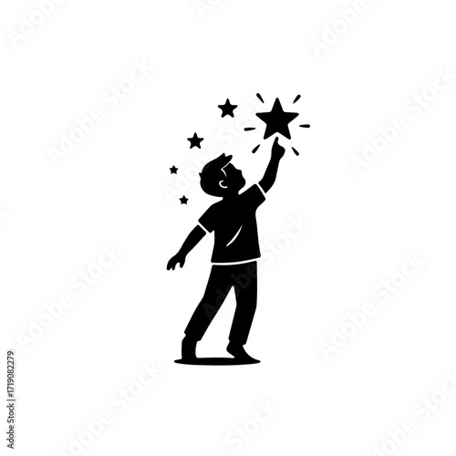 A touching black and white icon showing a child looking up at or reaching for a star. This graphic beautifully represents the hope, dreams, and bright future that every child deserves