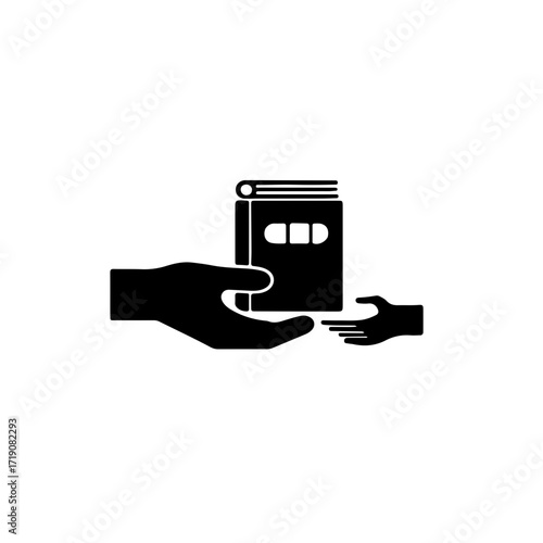 A poignant black and white icon featuring the silhouette of an adult's hand giving a book to a child's hand. This powerful image symbolizes the transfer of knowledge, wisdom