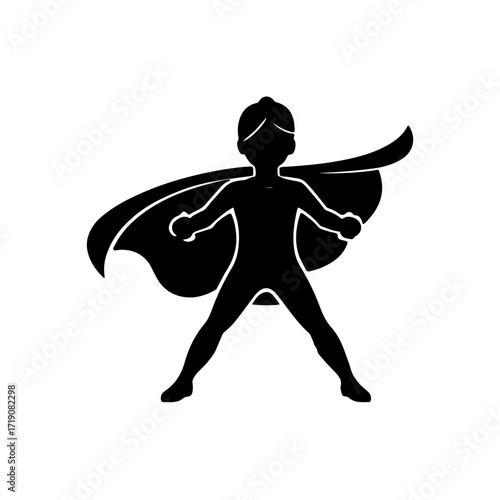 A black and white icon featuring the silhouette of a child in a superhero pose with a flowing cape. This graphic symbolizes the incredible strength, bravery, resilience of children fighting cancer