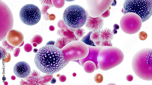 Microscopic Universe: An abstract composition of vibrant, floating forms, offering a glimpse into a world of intricate cellular structures. The artwork blends science and art.