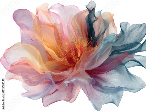 Abstract floral artwork featuring translucent, flowing petals in pastel shades of pink, orange, and blue, creating a soft, ethereal bloom against a white background