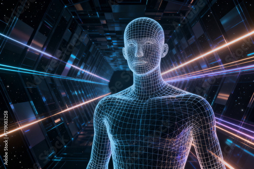 Wireframe human figure in a futuristic digital tunnel with glowing light streaks