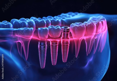 3D dental implant model, glowing, jaw, teeth